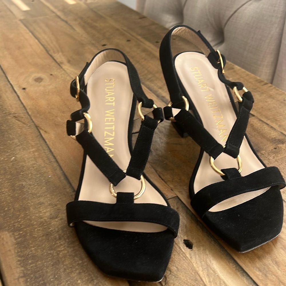 STUART WEITZMAN LATITA BLOCK HEEL SANDAL GOLD SQUARE BLACK 6
